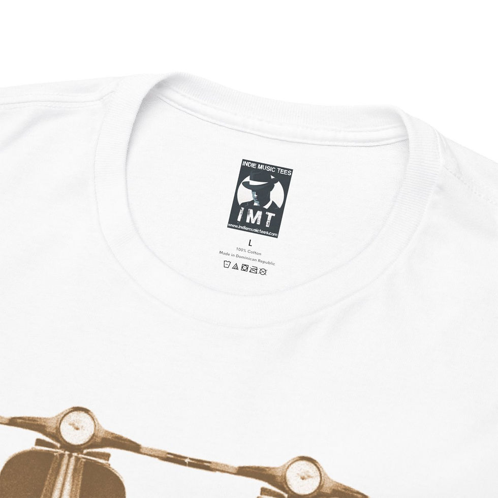 Thumbnail: White t-shirt with IMT logo and scooter detail. Scooter Love Unisex tshirt. A mod scooter tshirt indiemusictees.