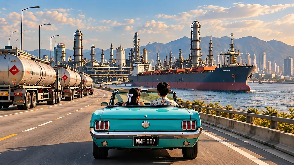 Tiffany blue electric convertible driving along a coastal road past fuel tankers and an oil refinery, symbolizing the transition from fossil fuels to electrified mobility and greater energy security.