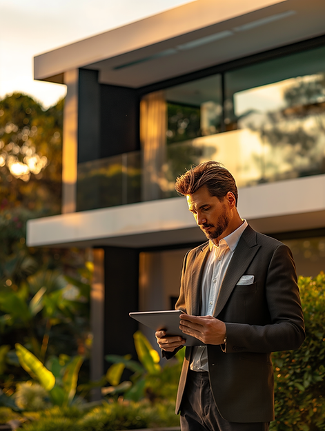 quanxr_A_real_estate_investor_holding_a_tablet_standing_next_to_8ea8e50f-8e2c-4d9e-ae1b-41