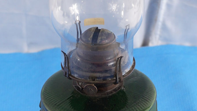 1880-90s Green Glass Oil Lamp With Embossed Flowers Design