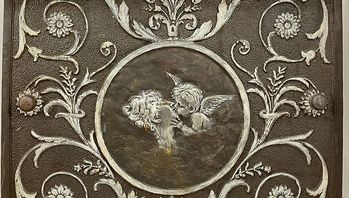 Cast Iron Stove Door with Woman and Cherub