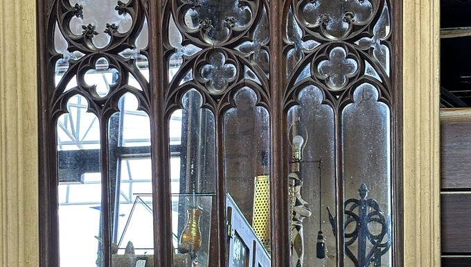 Vintage Wooden Window/Mirror with Gothic Style Tracery - Framed