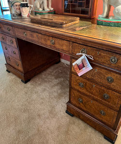 BURLED ANTIQUE ENGLISH DESK WITH LEATHER TOP