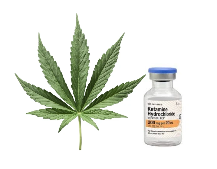 cannabis leaf and bottle of medical ketamine