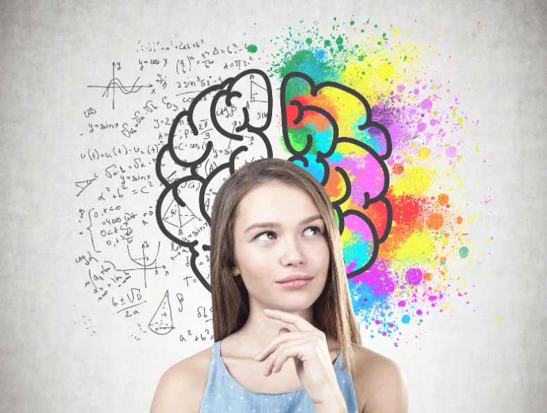 Teen girl thinking, two-sides of the brain showing