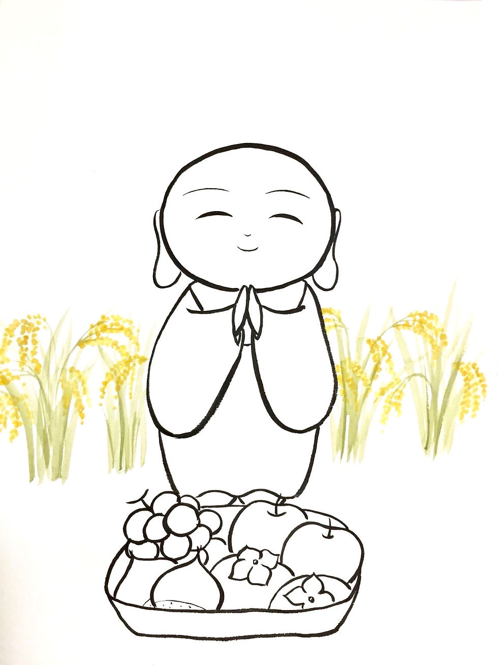 お地蔵さまに 秋の実りのお供えを[ 塗り絵用 ]
