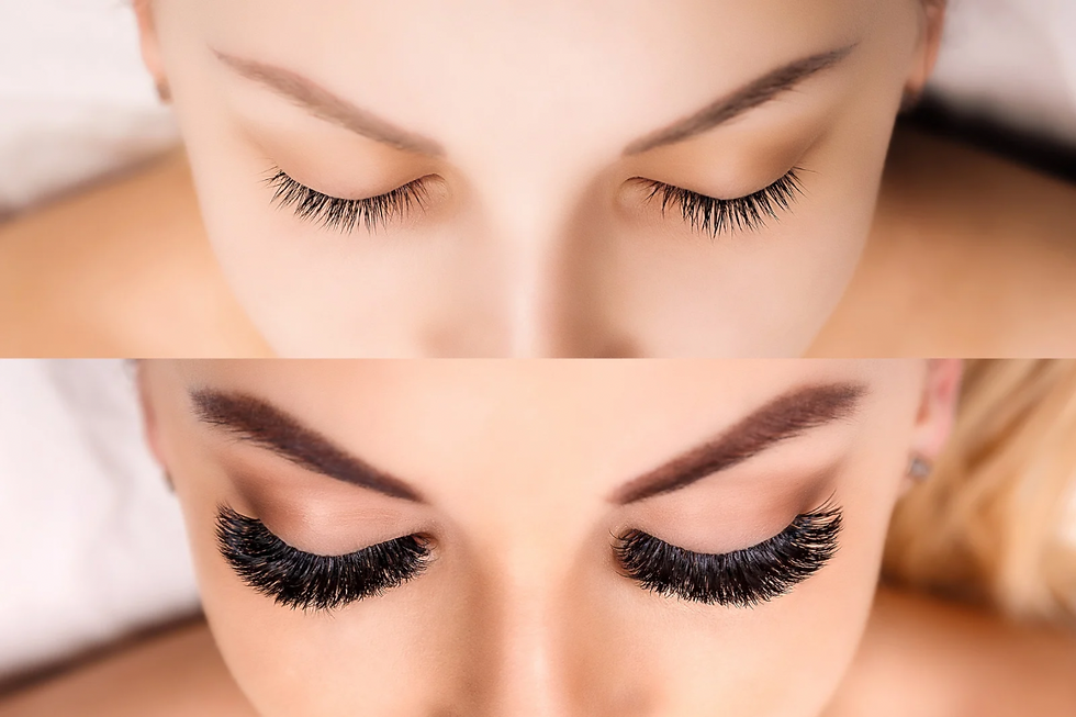 Close-up of two women with closed eyes; top has natural lashes, bottom has thick, curled false eyelashes. Soft lighting and a calm mood.