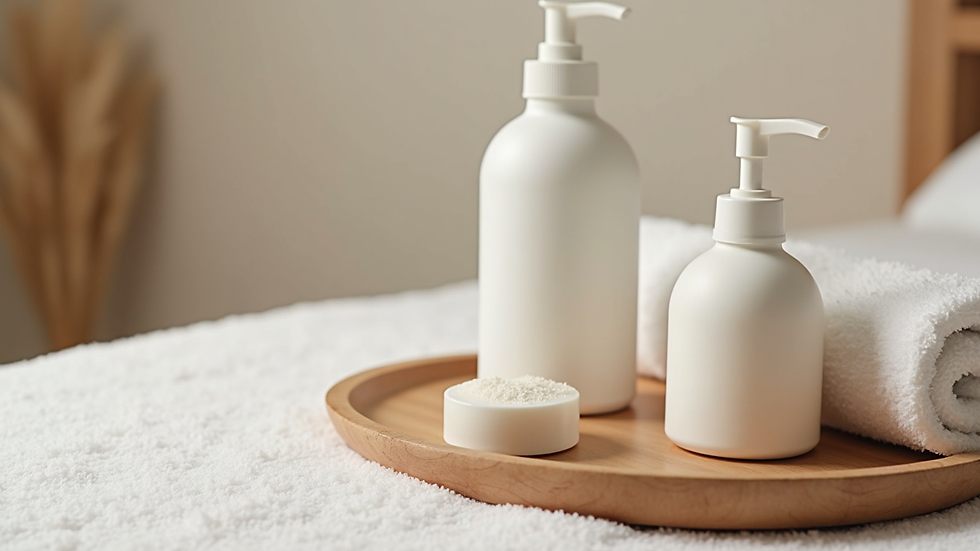 Close-up view of a facial treatment setup with skincare products and towels