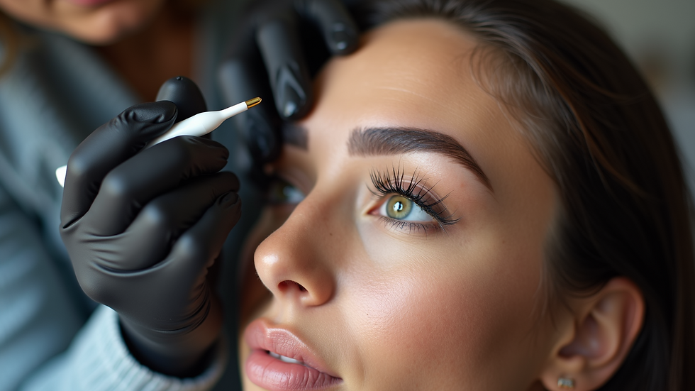 Close-up view of a brow artist applying lamination solution to eyebrows