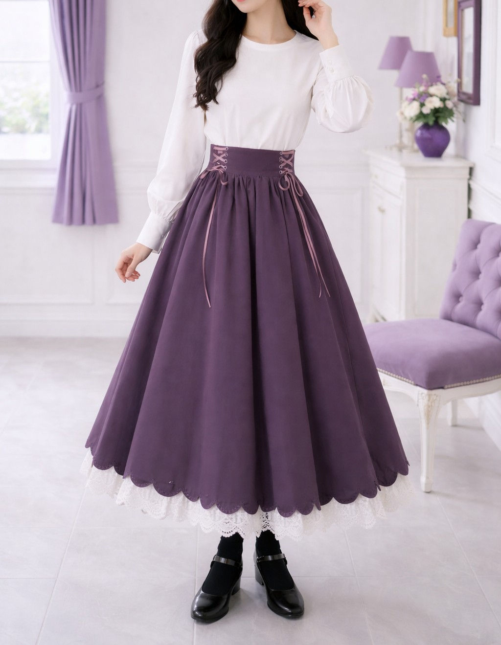 kuyru-ko mor-mürdüm-vintage-kurdale detaylı-lolita-etek-model-üzerinde-