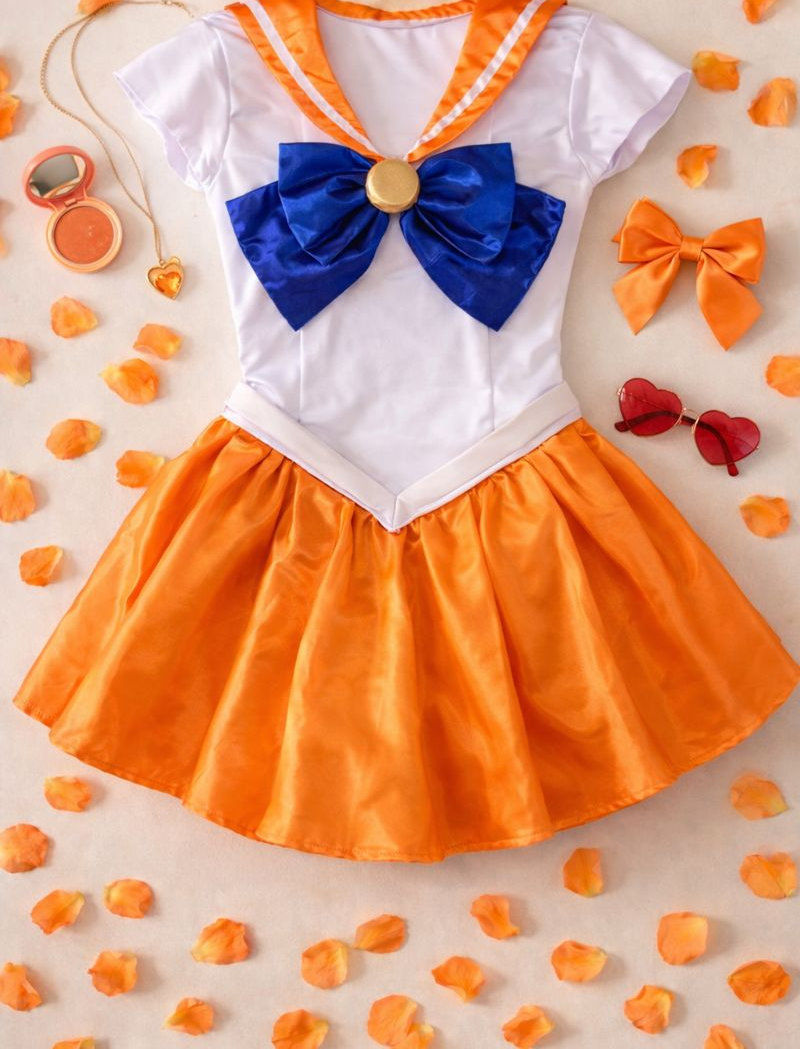 Küçük resim: Sailor Venus cosplay kostümü flat lay görünümü, turuncu etek ve beyaz üst detaylarıyla anime cosplay elbisesi