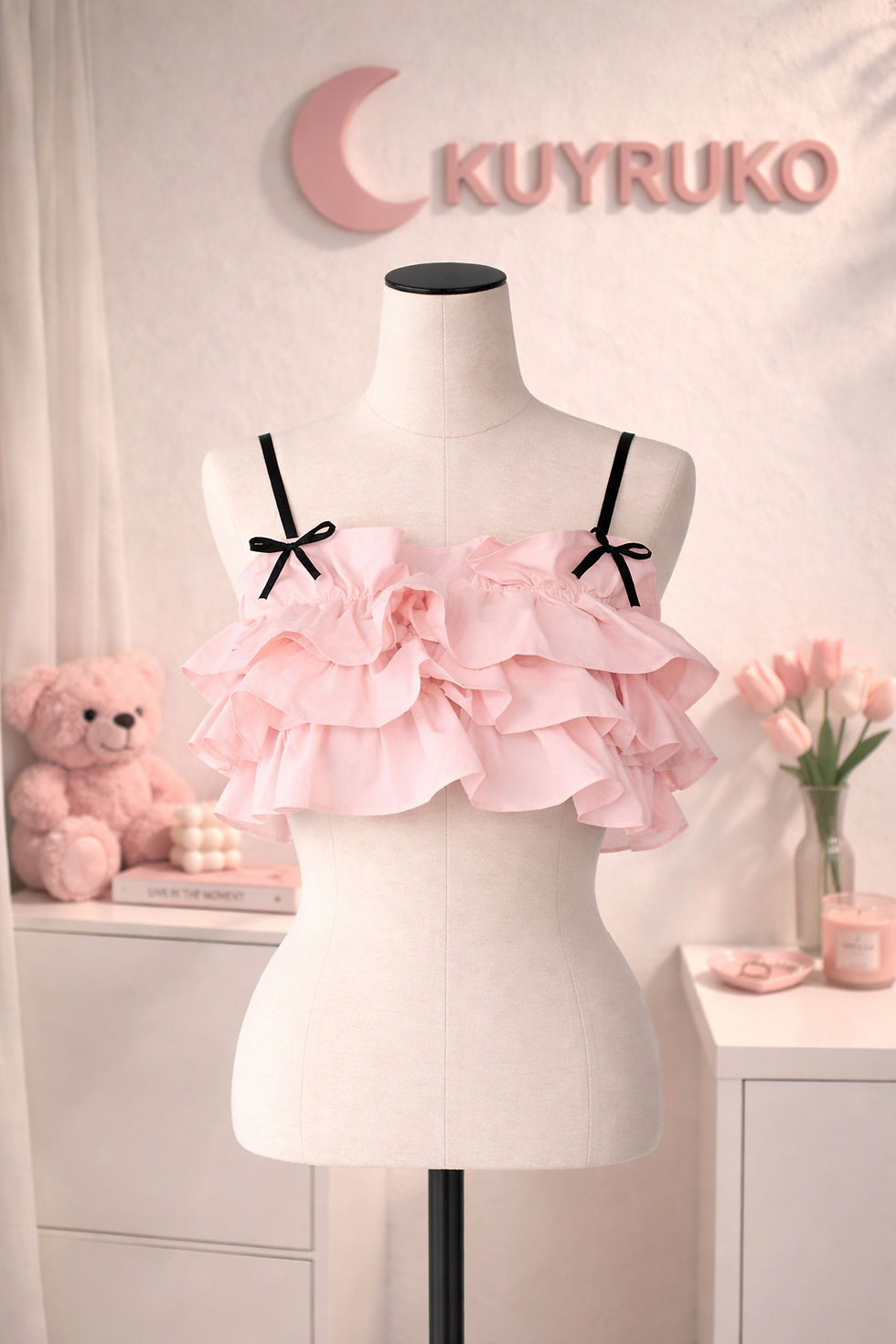 kuyruko petal pop pembe fırfırlı üst katmanlı y2k coquette stil  manken üzerinde