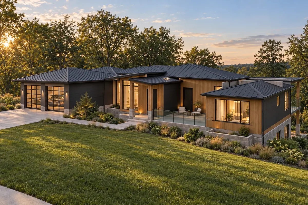 The Slope, MBS-SFH-5415, a hillside home with dark hipped roofs, warm wood and charcoal siding and a two-bay garage, seen from the front lawn at sunset