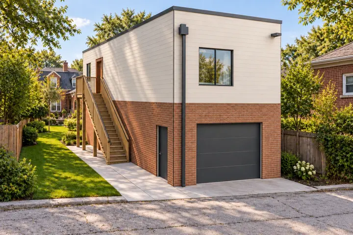 The Tandem, MBS-ADU-800, alley-facing two-bedroom apartment above a tandem garage with off-white siding, a brick-look base and timber side stair