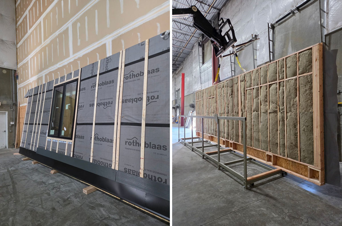 Closed wall panels for the first new home in The Ville inside the MBS plant in North St. Louis, wrapped exterior face with a window and insulated interior face, Oct. 20, 2026
