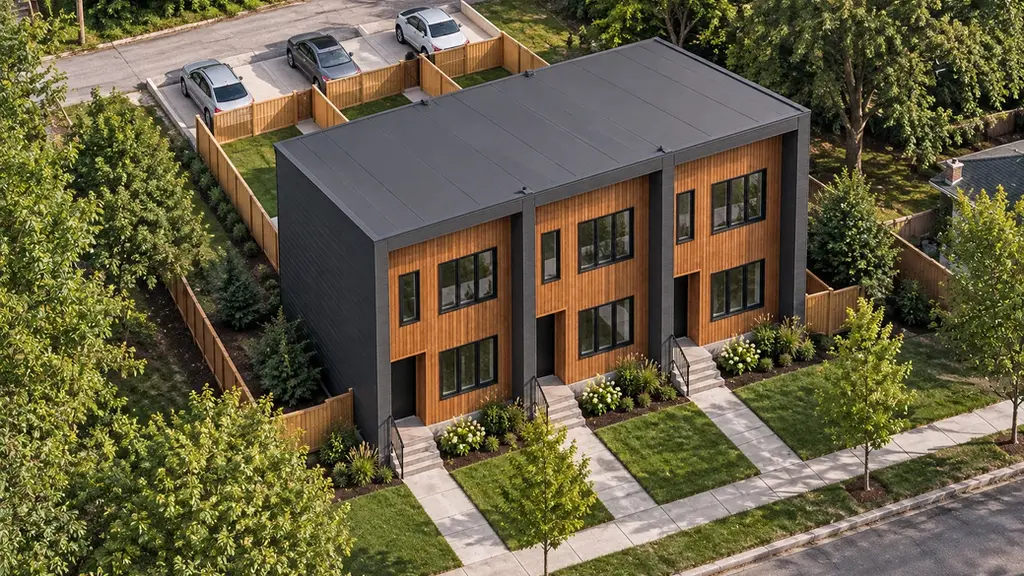 Concept rendering of The Malone Rowhomes, our three-bedroom infill row homes, seen from above on a city block in North St. Louis