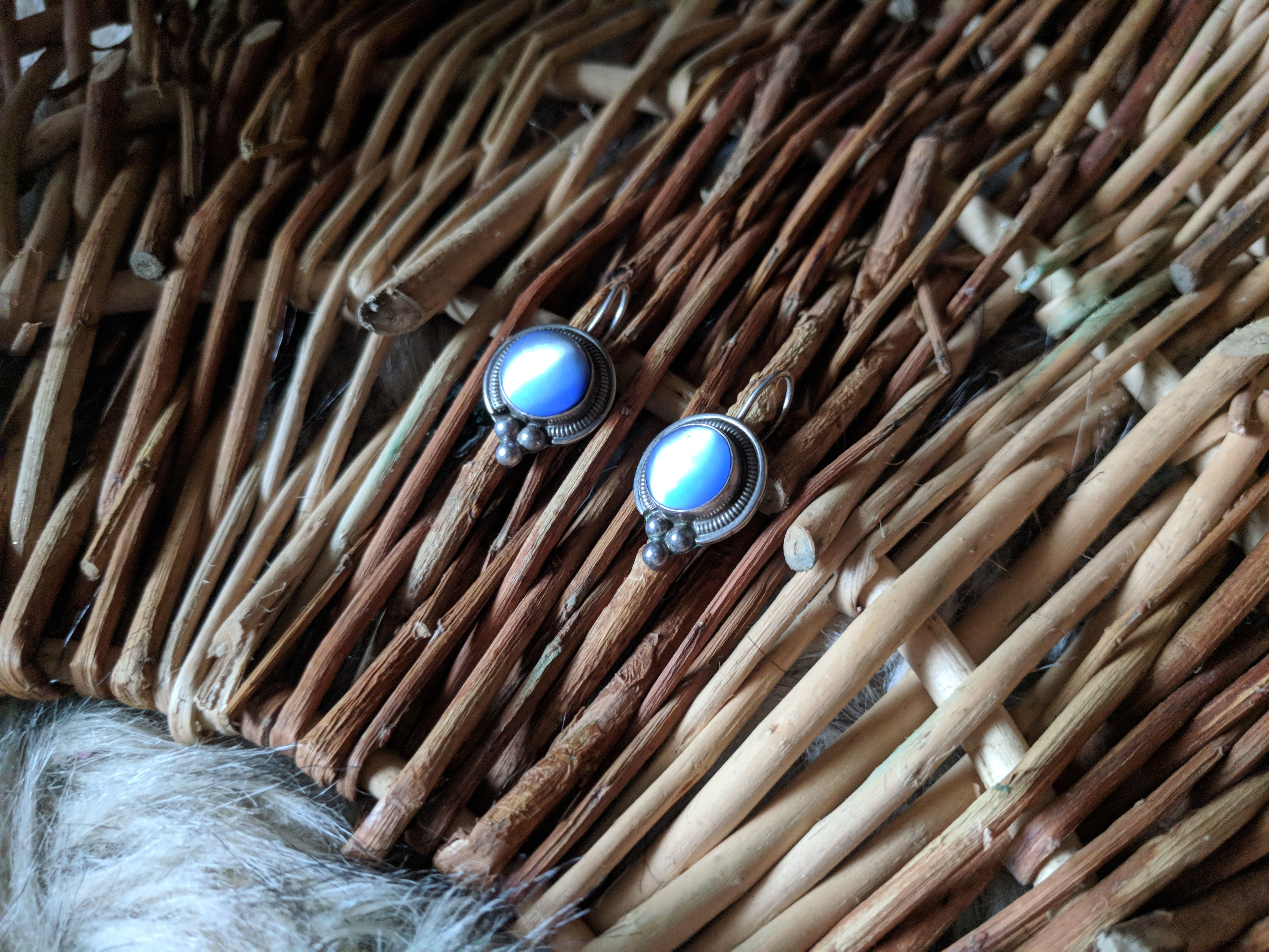 Taxco Blue Cats Eye Sterling Dangle Earrings