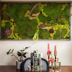 Custom made moss wall  art with driftwood in a home interior