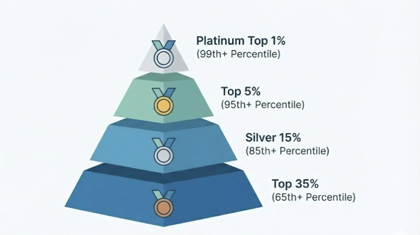A pyramid infographic displaying the EcoVadis medal tiers with their percentile requirements: Platinum (Top 1%), Gold (Top 5%), Silver (Top 15%), and Bronze (Top 35%).
