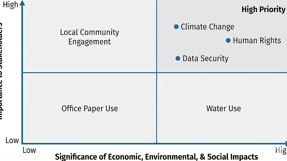 A Materiality Matrix chart plotting "Importance to Stakeholders" on the Y-axis against "Significance of Economic, Environmental, & Social Impacts" on the X-axis.