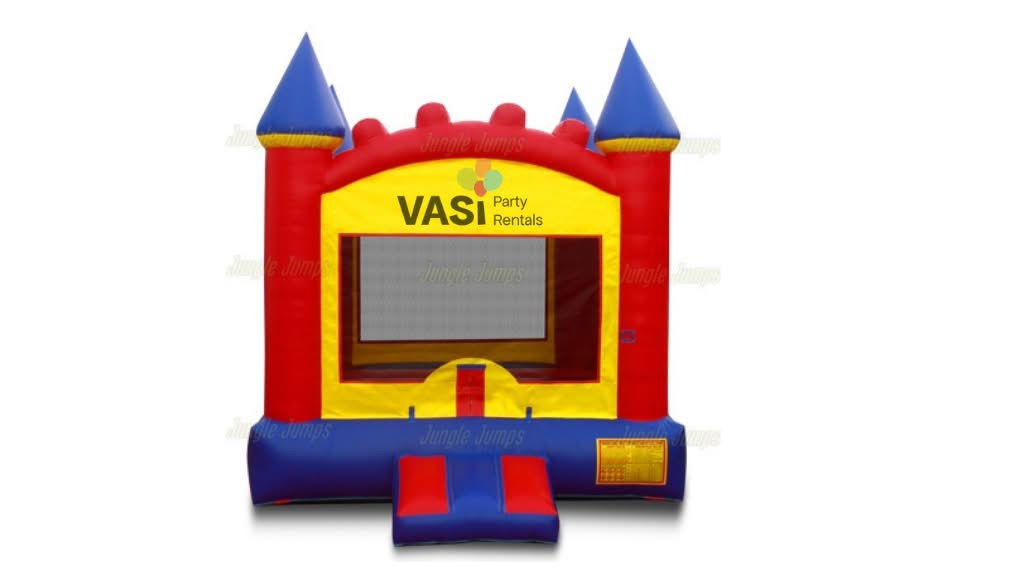 blue, yellow, and red bounce house / castle