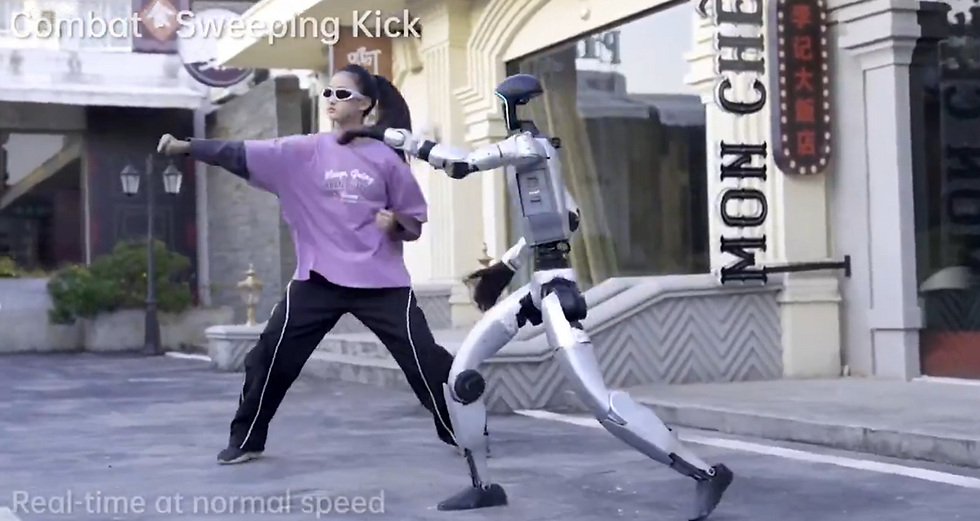 Young woman and robot practice combat moves on a city street. She's in purple, wearing sunglasses. Text reads, "Combat Sweeping Kick."