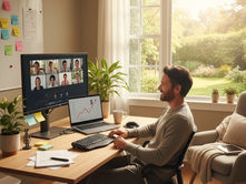 Man in bright home office on video call with six faces on monitor, graphs on laptop, plants, and notes around; sunny garden view outside.