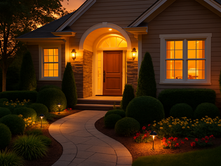 Warmly lit house at dusk, glowing windows, and illuminated garden path with neatly trimmed shrubs and flowers, creating a cozy ambiance.