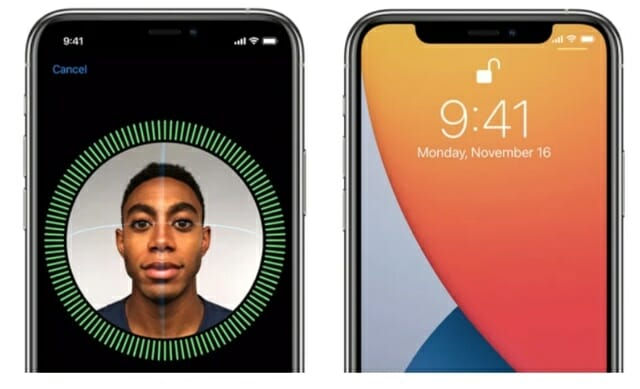 Left phone: Face ID scan with a man's face and green grid. Right phone: Lock screen showing 9:41, Monday, November 16, with colored wallpaper.