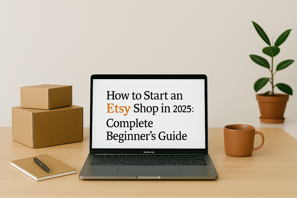 Laptop on desk shows "How to Start an Etsy Shop in 2025: Complete Beginner’s Guide." Nearby are boxes, notebook, pen, mug, and plant.
