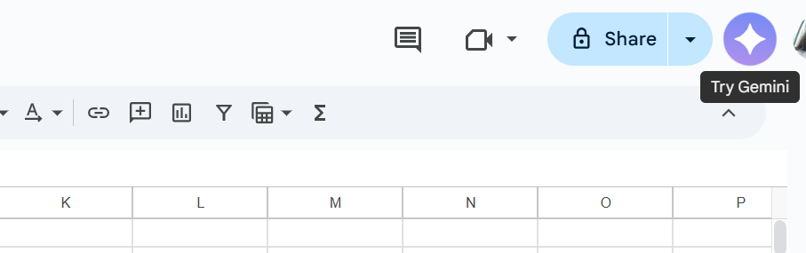 Spreadsheet interface with various tool icons above a grid, a "Share" button, and a "Try Gemini" tooltip. Calm, professional setting.