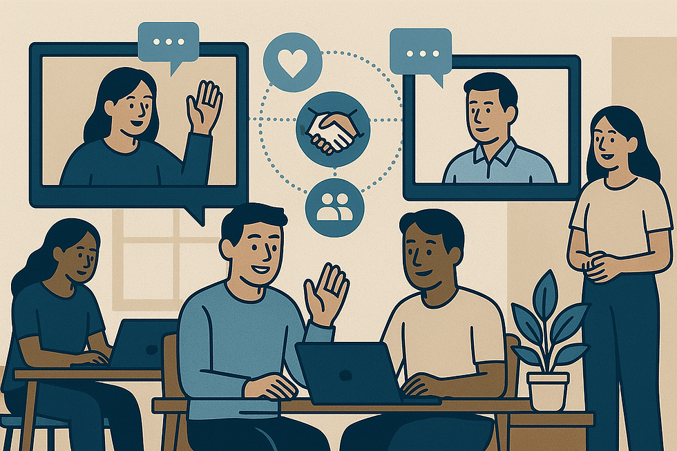 Cartoon of people interacting via video call and in-person. Two men sit at laptops, others appear on screens. Background icons: heart, handshake.
