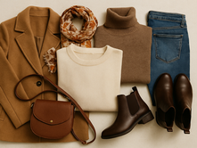 Tan coat, brown turtleneck, cream sweater, floral scarf, blue jeans, brown boots, and crossbody bag arranged on beige background. Cozy vibe.