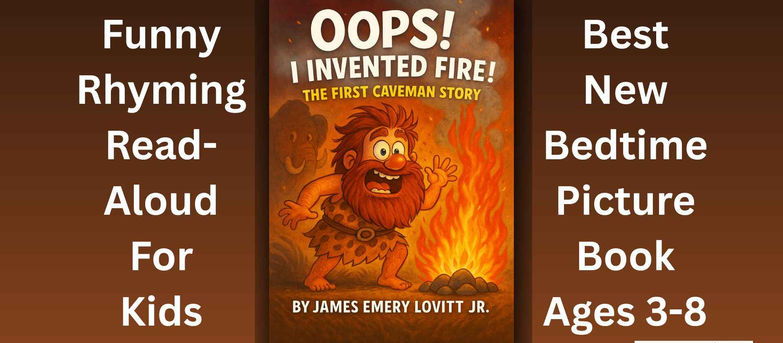A 16:9 promo showing the cover of "Oops! I Invented Fire!: The First Caveman Story" by James Emery Lovitt Jr. A cheerful caveman stands by a fire that the caveman invented; warm orange tones. Side text reads: Funny Rhyming Read-Aloud For Kids and Best New Bedtime Picture Book Ages 3-8, plus the iLOVITTbooks logo.