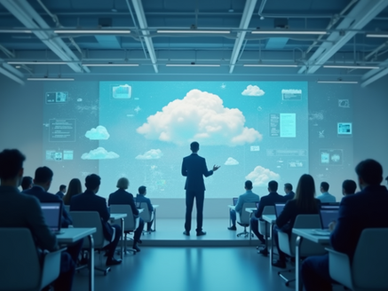 A presenter giving a cloud computing training session to a group of students or professionals in a modern classroom with cloud visuals on a digital screen.