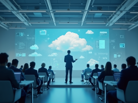 A presenter giving a cloud computing training session to a group of students or professionals in a modern classroom with cloud visuals on a digital screen.