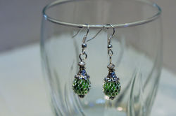 Earrings Green Glass Bead Mesh