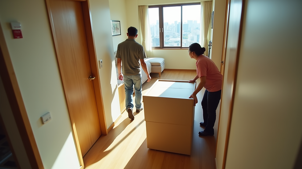 High angle view of a moving crew carefully carrying furniture in a Yokohama apartment hallway