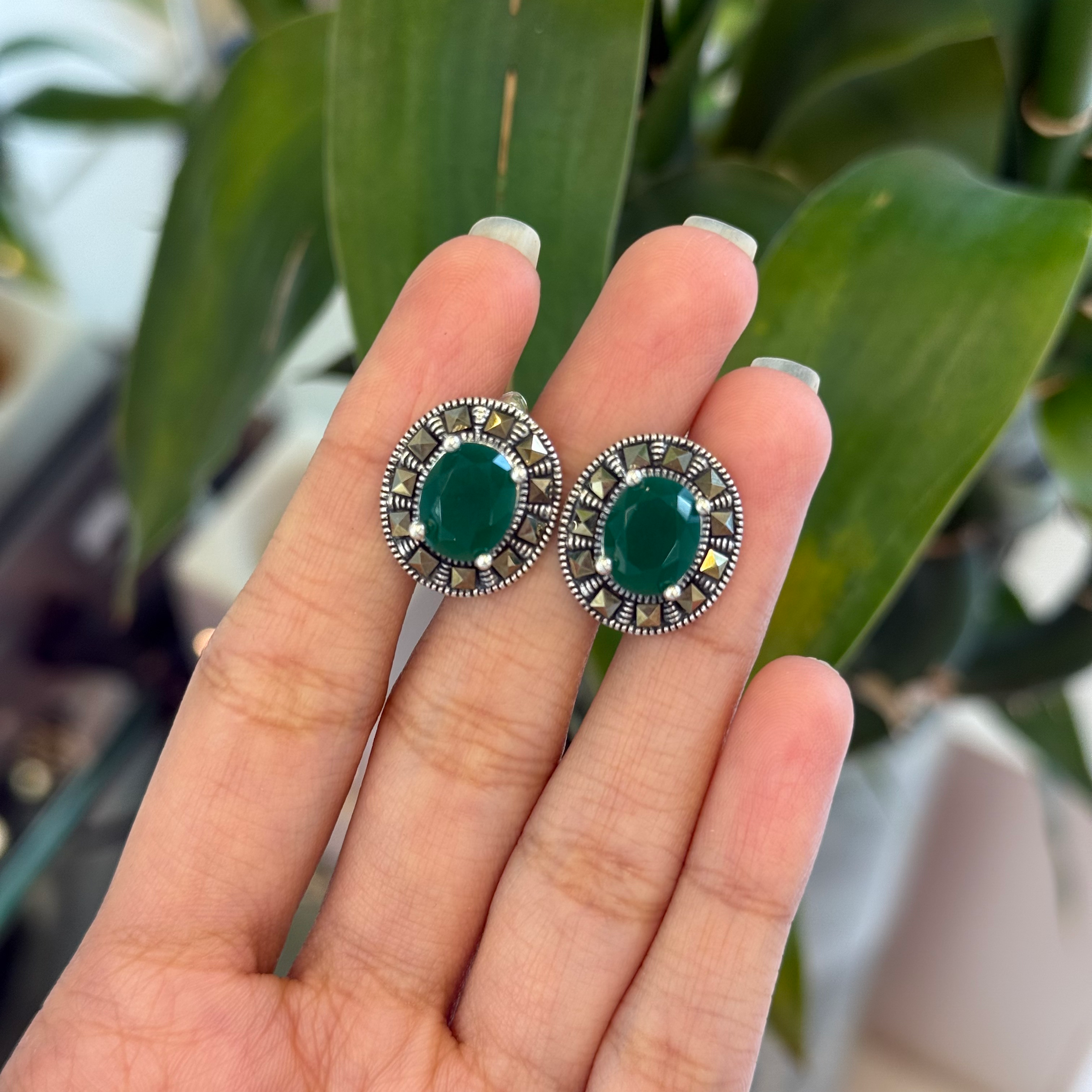 Green onyx Marcasite earrings