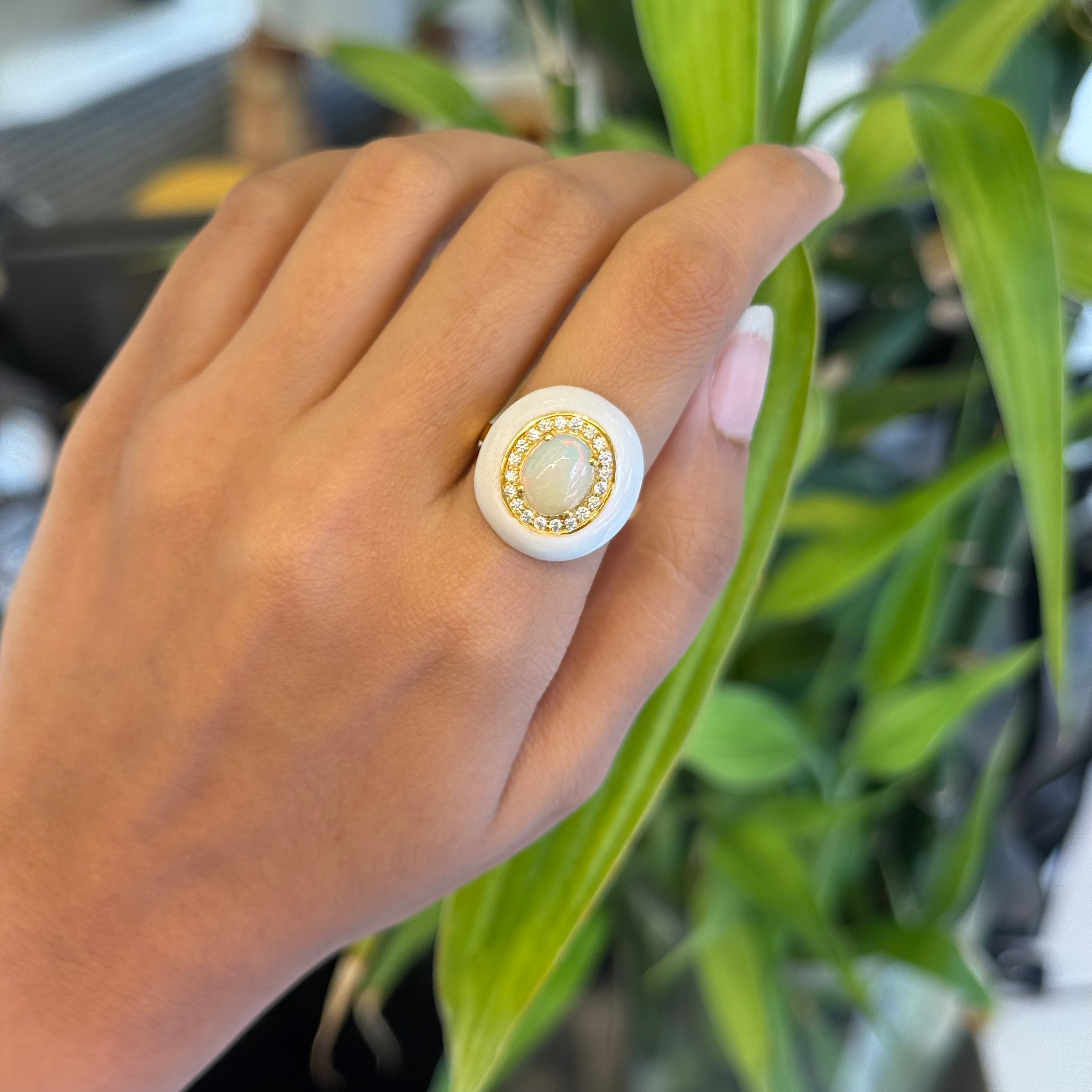 Natural Opal and moissanite enamel ring