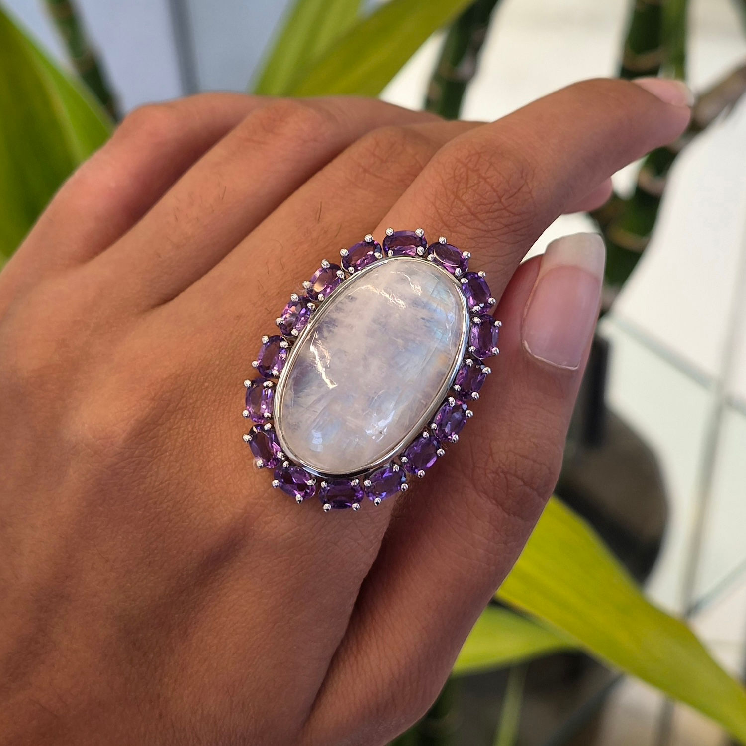 Natural  Rainbow Moonstone & Amethyst 925 Sterling Silver Oval Ring