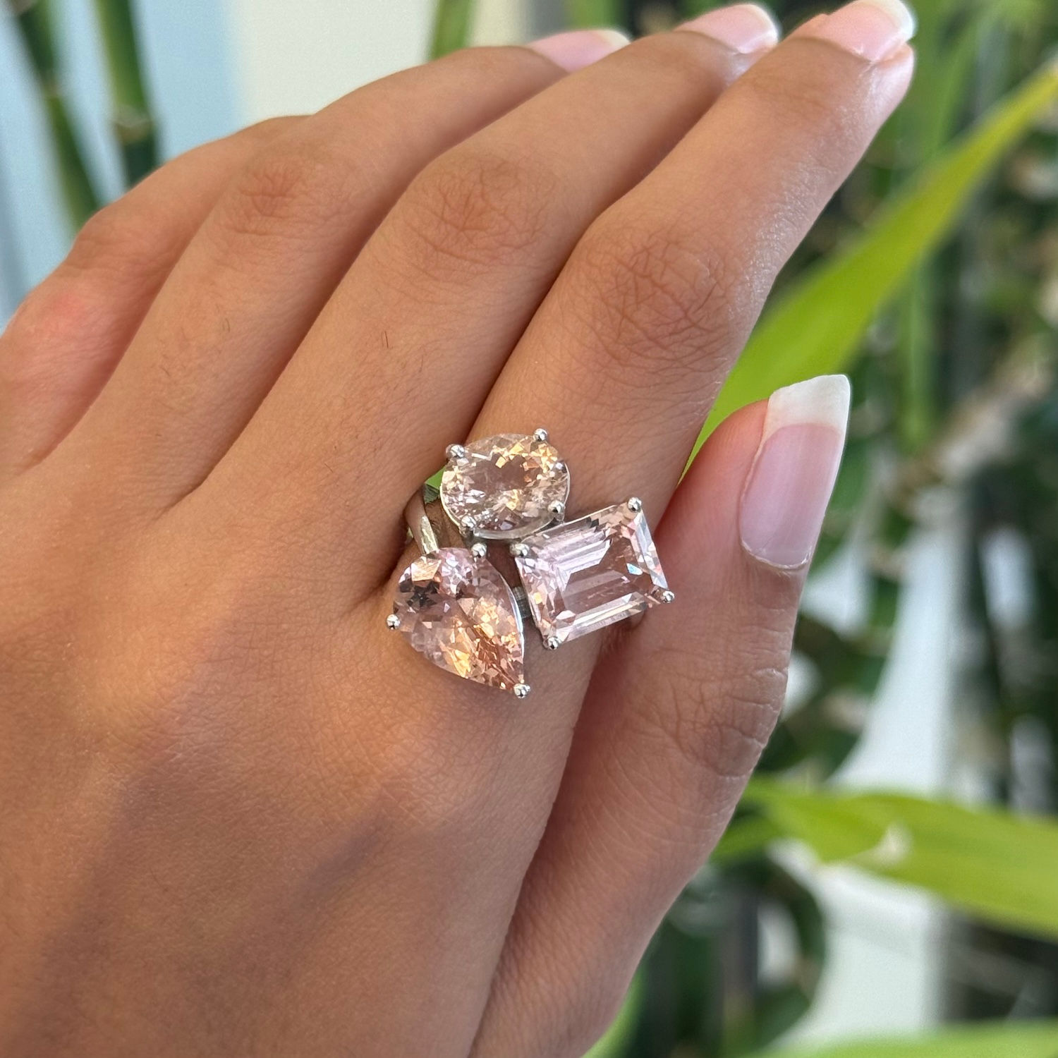 925 Sterling Silver Natural Morganite Mixed Shape Gemstone Ring