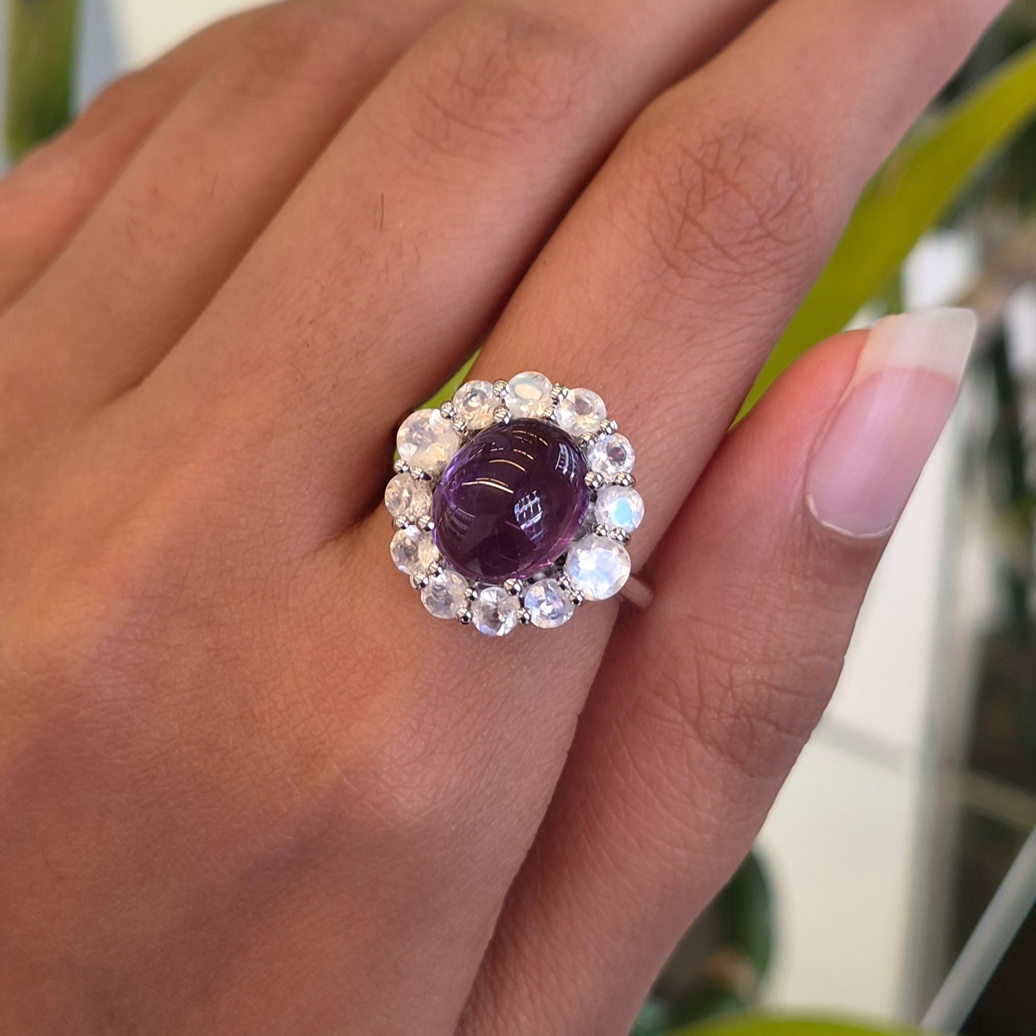 Natural Amethyst and Moonstone 925 Sterling Silver Cabochon Oval Ring