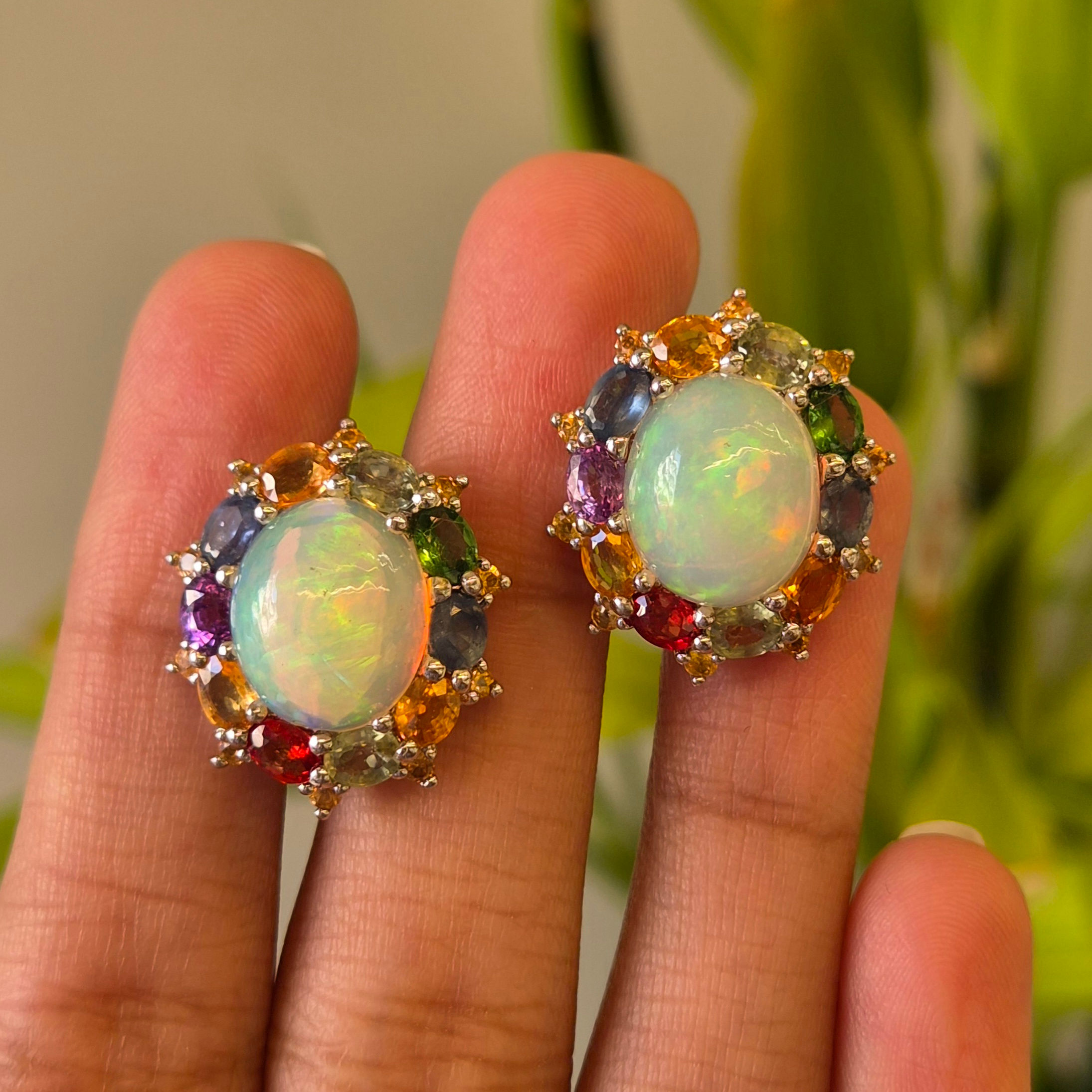 Natural Opal And Multi-Sapphire Push-Back Earrings in 925 Sterling Silver