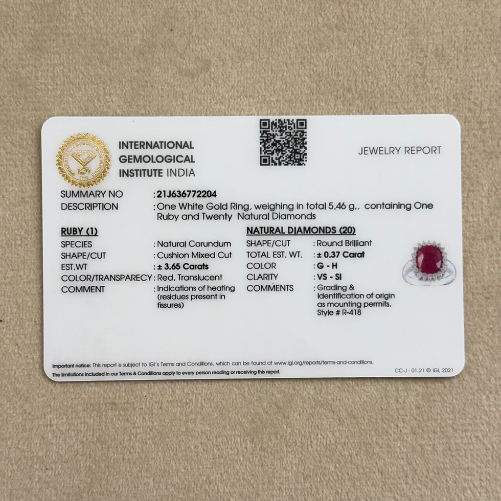 Thumbnail: Natural IGI certified - Ruby cushion cut diamonds cluster 18K gold ring