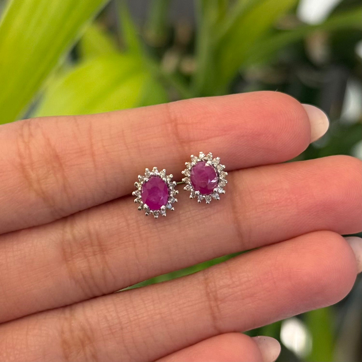 Natural Ruby Oval 925 Sterling Silver Diamond Studs Earrings