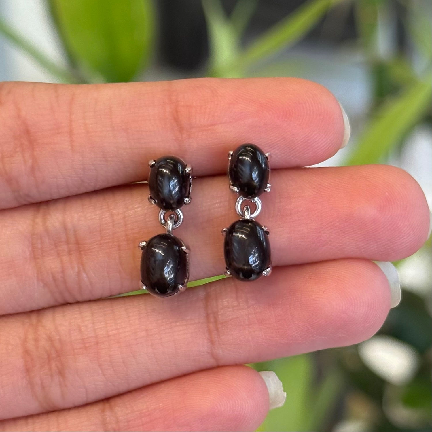Natural Blackstar 925 Sterling Silver Two Stone Hanging Earrings