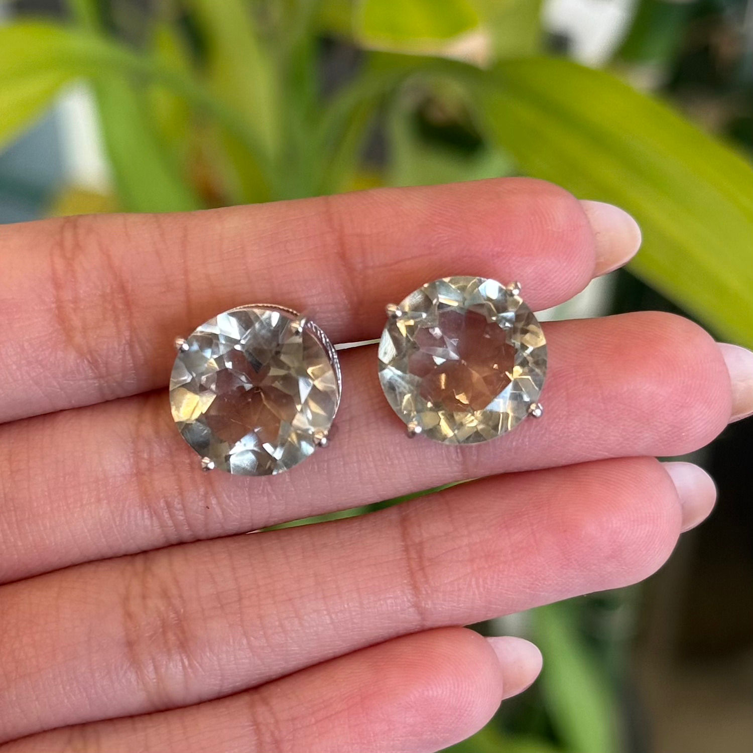 Natural Green Amethyst Round 925 Sterling Silver Studs Earrings