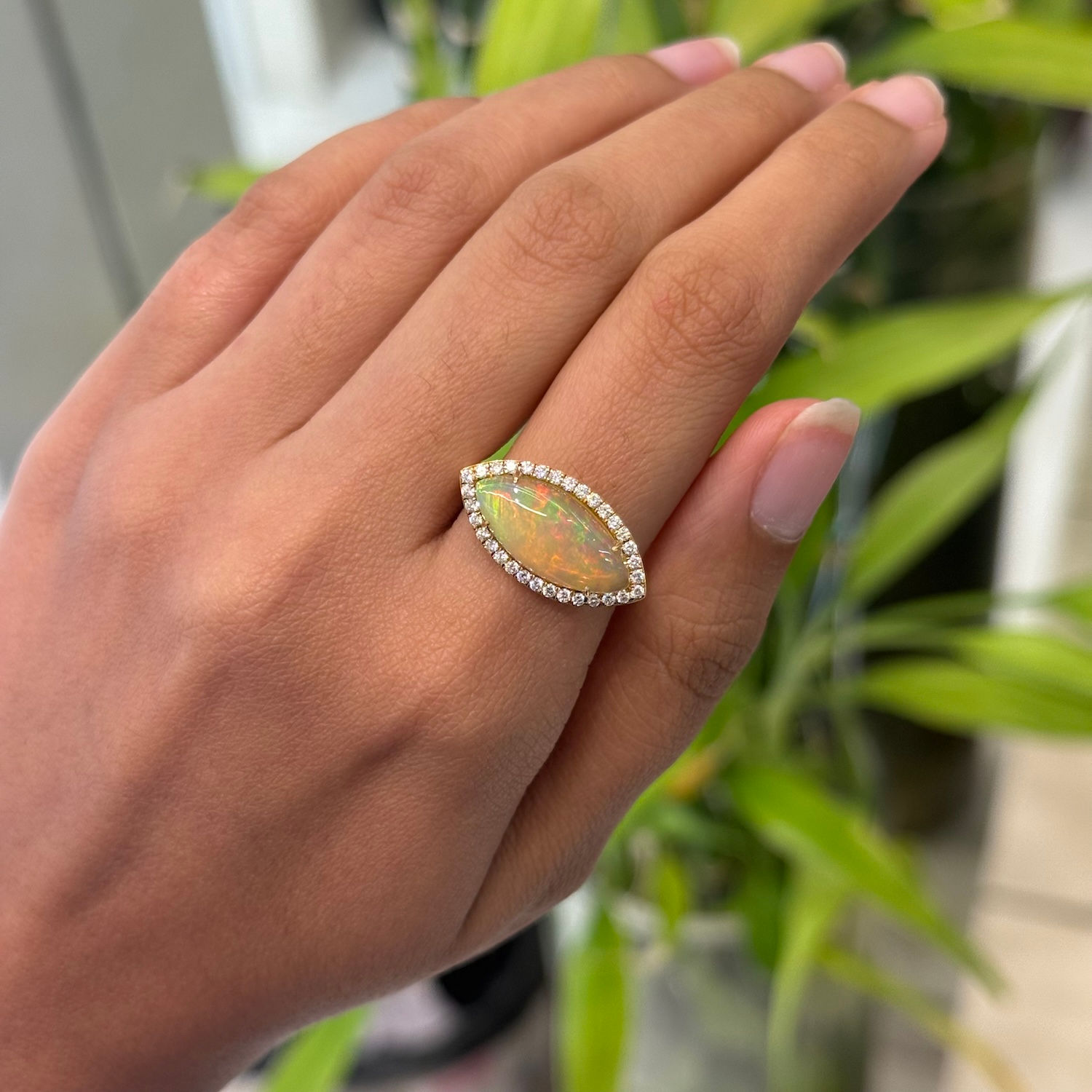 18K White Gold Natural Opal Marquise-cut Diamond Cluster Ring