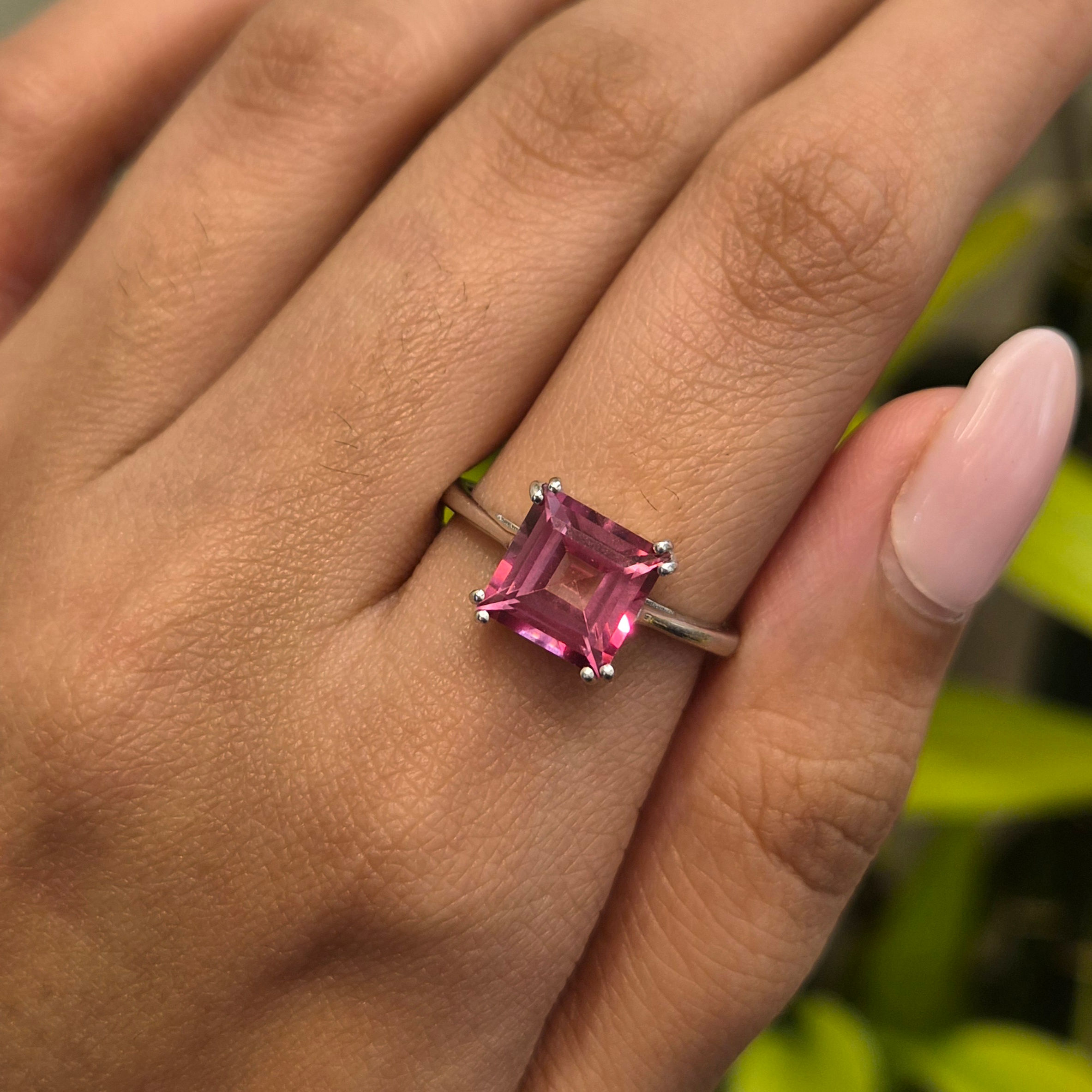 Natural Square Pink Topaz Solitaire Ring in 925 Sterling Silver